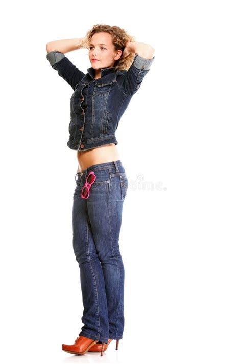 Beautiful Young Woman Blonde Standing Full Body Jeans Isolate Stock
