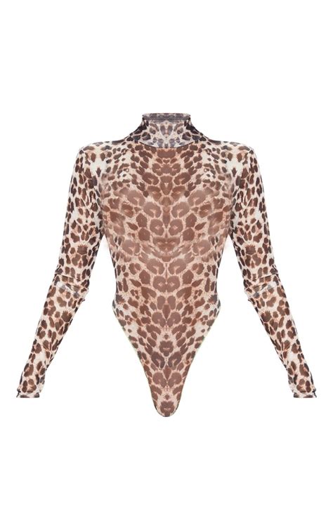 Tan Leopard Mesh Contrast Stitch Bodysuit Prettylittlething