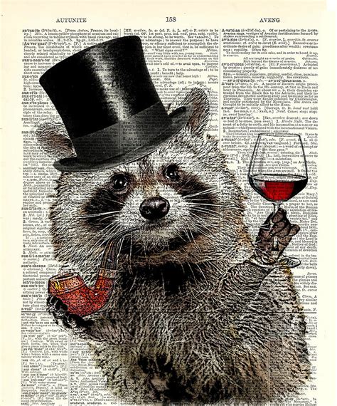 Raccoon Fun Art Print Mr Raccoon With Top Hat And Wine Glass Vintage