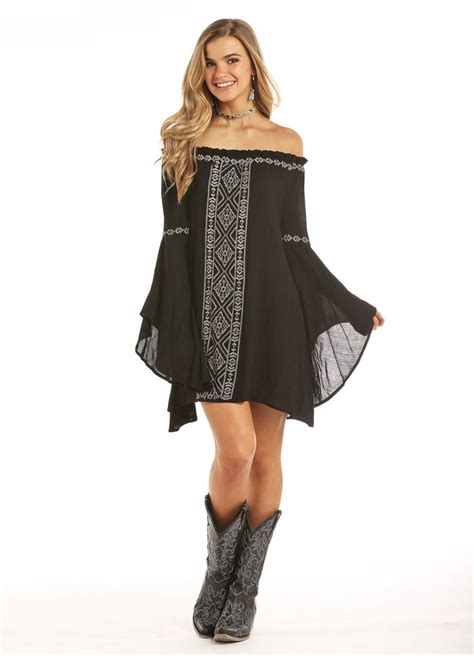 Rock Roll Cowgirl Juniors Black Bell Sleeve Off The Shoulder Dress D