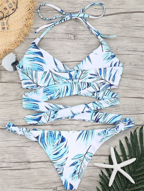 Leaf Printed Halter Wrap Bikini Set BLUE M Wrap Bikini Wrap Bikini