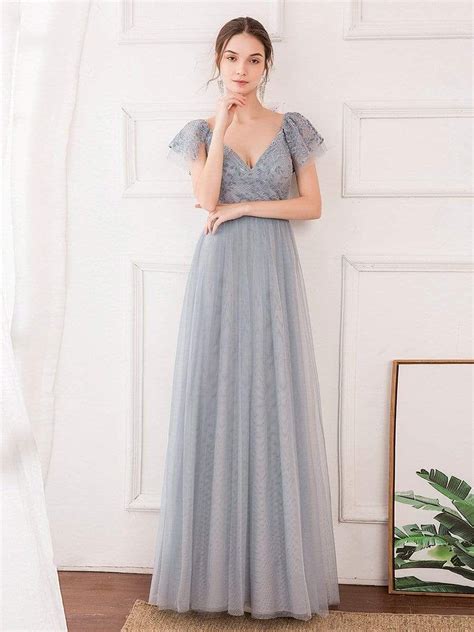 Deep V Neck Lace Tulle Bridesmaid Dresses With Ruffle Sleeve In 2021 Pretty Bridesmaid Dresses