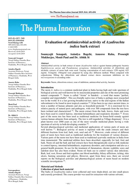 PDF Evaluation Of Antimicrobial Activity Of Azadirachta Indica Bark