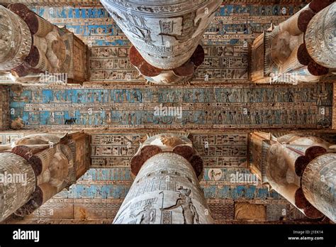 Ceiling With Colored Stone Carving Hieroglyphs And Columns Of Hathor