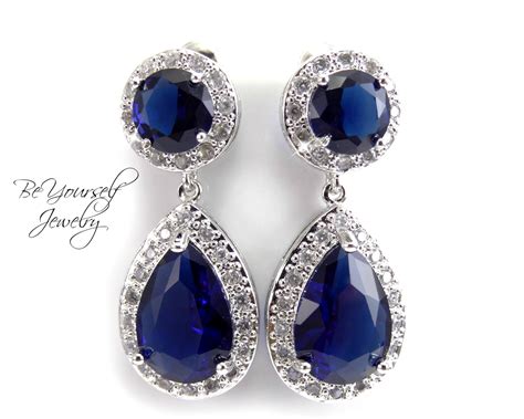 Sapphire Bridal Earrings Blue Teardrop Bride Earrings Cubic