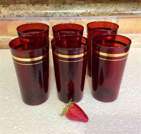 Vintage Ruby Red Glass Tumblers With Gold Trim Water Glass Drinking Glass Swanky Barware