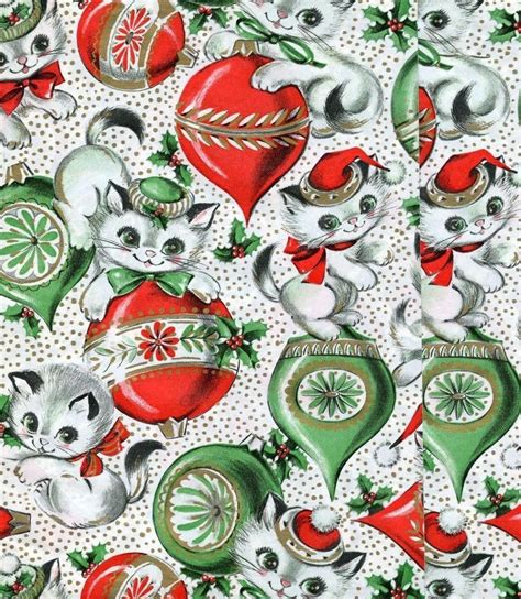 Vintage 1950s Playful Kitten Cat Christmas T Wrap Wrapping Paper