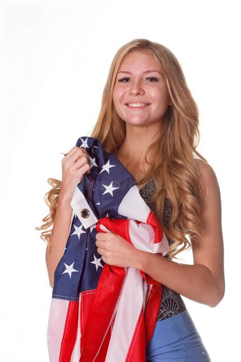Flag Of United States Of America In Hands Of Beautiful Woman Stock Image Image Of Smiling