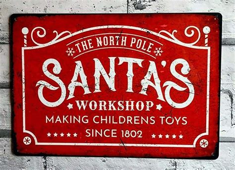 Tomlinsony Vintage Tin Sign Santas Workshop Sign Style Metal Christmas