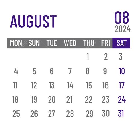 Kalender Agustus 2024 Kalender Meja Ungu Gaya Sederhana Vektor 2024