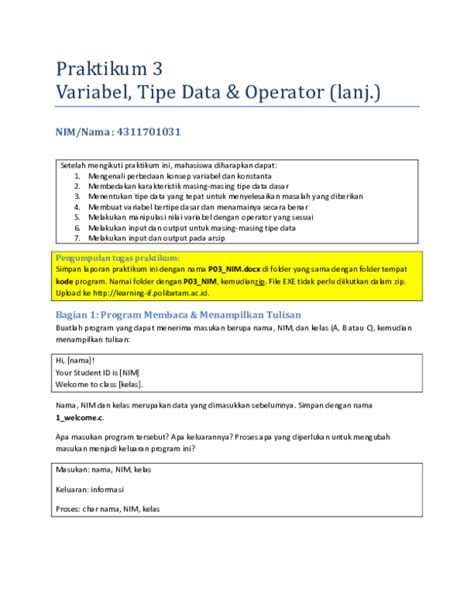 Doc Praktikum 3 Variabel Tipe Data And Operator Lanj Hadinata Salim