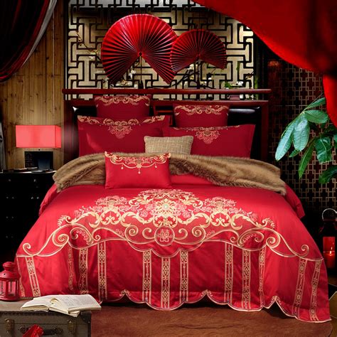 Chinese Wedding Red Bedding Set Asian Bedding With Embroidery Flowers