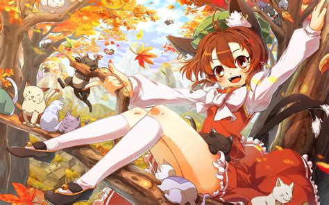 Cats Anime Girl Cute Tree Red Dress Wallpapers Hd