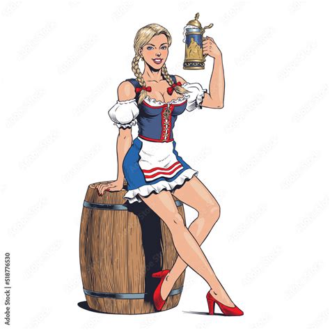 oktoberfest girl wearing a traditional bavarian dirndl costume sitting on a beer barrel and