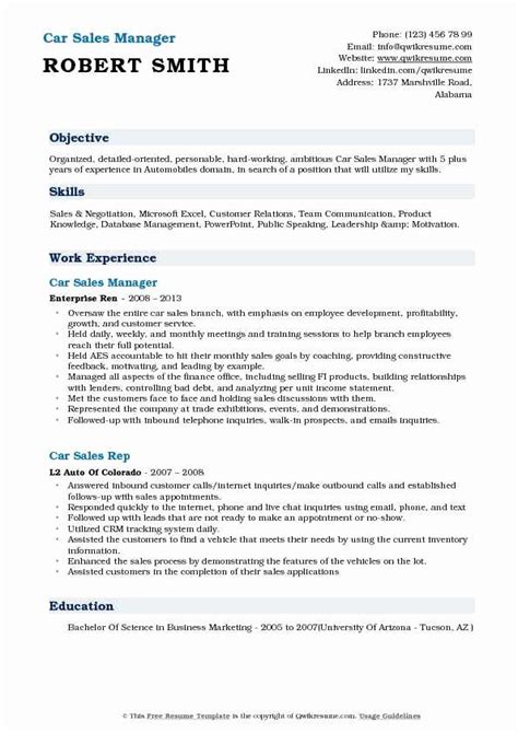 Establishes annual and monthly objectives for unit sales, gross profits, expenses, and operating profit. 20 Automobile Sales Manager Resume