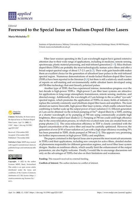 Pdf Foreword To The Special Issue On Thulium Doped Fiber Lasers