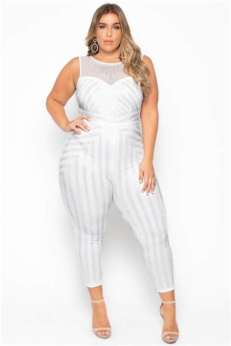 Plus Size Dazzling Mesh Rhinestone Jumpsuit White Plus Size White