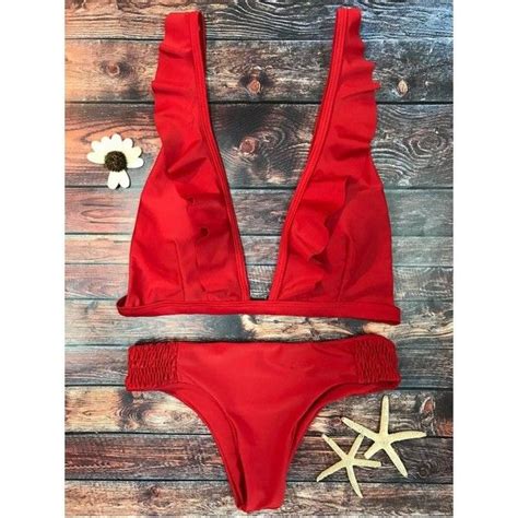 Ruffles Plunge Bathing Suit Red 15 Liked On Polyvore Featuring