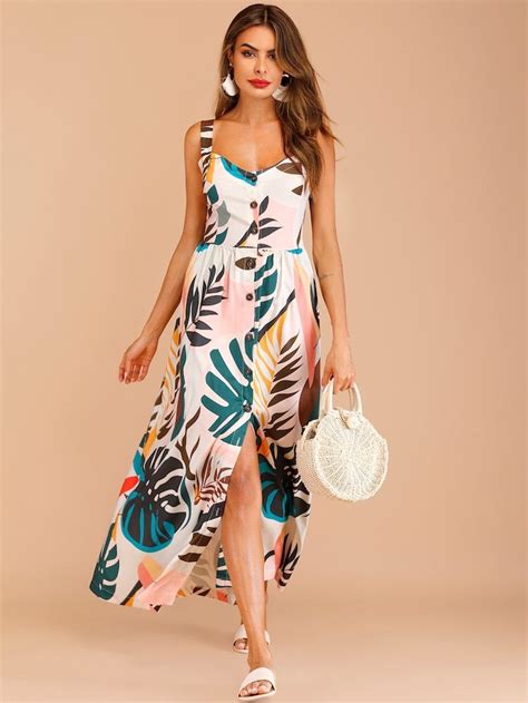 Tropical Print Maxi Dress Aztec Print Dress Button Maxi Dress