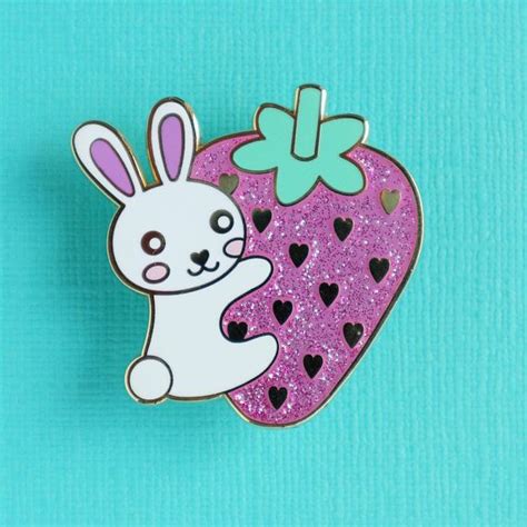 bunny and strawberry enamel pin cute bunny pin badge lapel pin glitter brooch kawaii