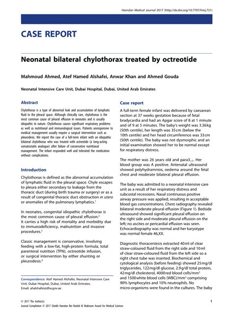 Pdf Neonatal Bilateral Chylothorax Treated By Octreotide