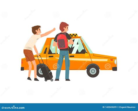 Servicio Del Taxi Dos Hombres Con La Maleta Y Ejemplo De Cogida Del