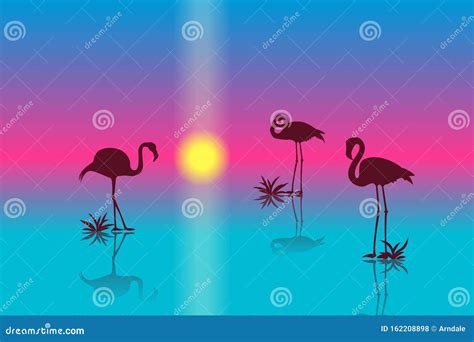 Sunset Landscape With Silhouettes Of Flamingos Stock Vector