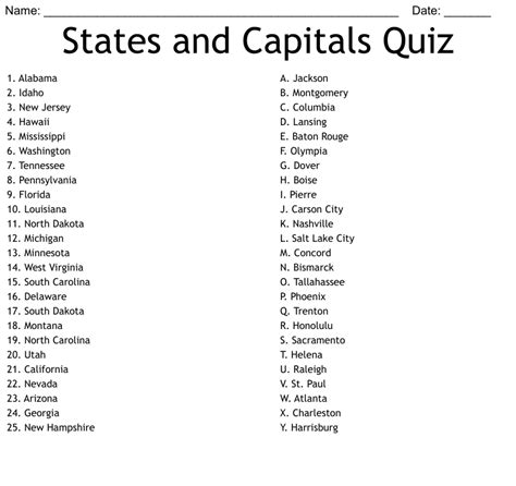 States And Capitals Quiz Worksheet Wordmint