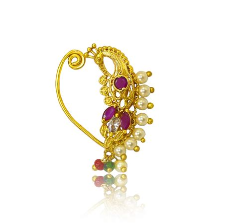 Buy Maharashtrian Nath Gold Plated Peacock Design Marathi Nose Ring Without Piercing Pearl Nath