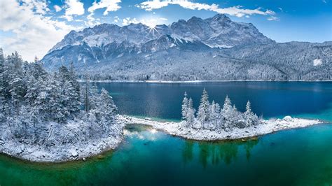 Spruce Sky Nature Sun Snow Lake Eibsee Clouds Snowy Mountain