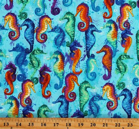 Cotton Ocean Sea Horses Rainbow Underwater Cotton Fabric Print By The