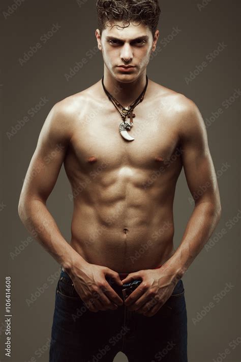 Male Beauty Blue Jeans Concept Handsome Muscular Male Model Stock