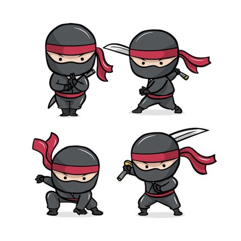 Le Dessin Animé Mignon Ninja Set Vecteur Premium
