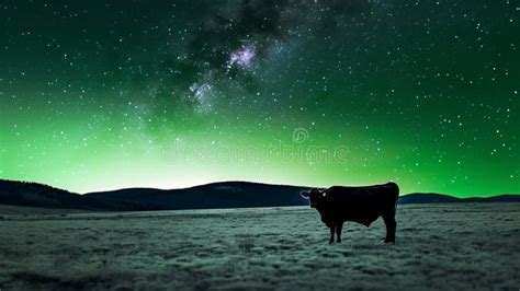 lone cow under milky way aurora night minimalist monochromatic landscape in 32k uhd generative