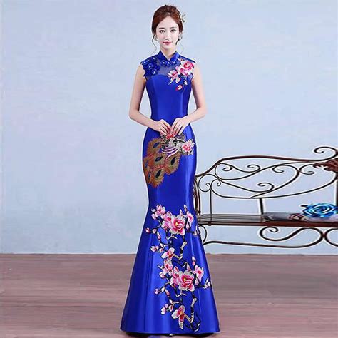 Buy Royal Blue Embroidery Phoenix Cheongsam Chinese Evening Dress Woman