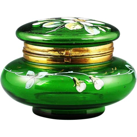 Antique Victorian Green Enamelled Art Glass Hinged Trinket Box From Memorablecollection On Ruby Lane