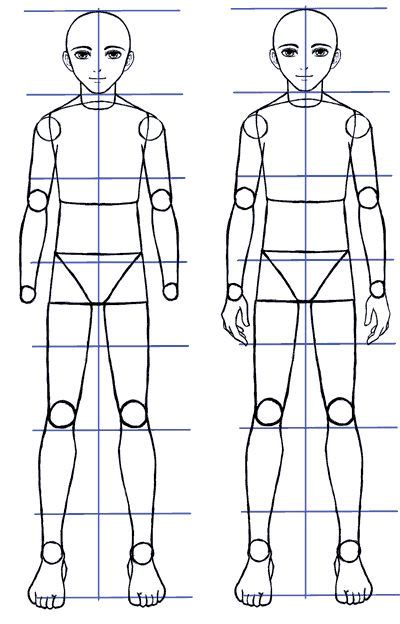 A rectangle for the chest, an oval for the hips, and small circles for the shoulders and leg joints. How to Draw Anime Guys: Body Proportions - Manga Tuts | Sketsa, Tubuh