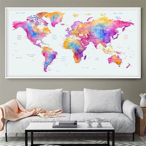 Mundo Arte De La Pared Del Mapa Mapa De Viaje Push Pin Mundo Etsy