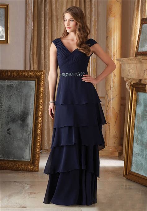Elegant V Neck Navy Blue Chiffon Ruffle Tiered Mother Of The Bride