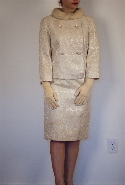 Jackie O Style Cream Dress And Jacket With Real Fur Collar