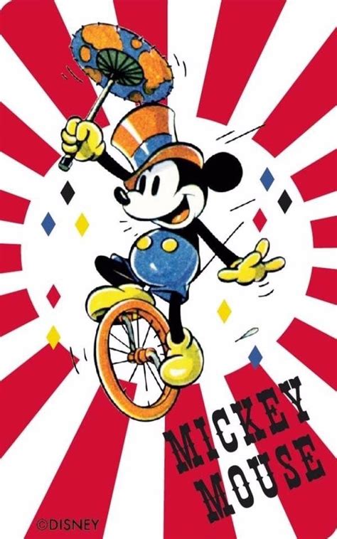 the mickey mouse cartoon is doing tricks on an unicycle with his hat and umbrella