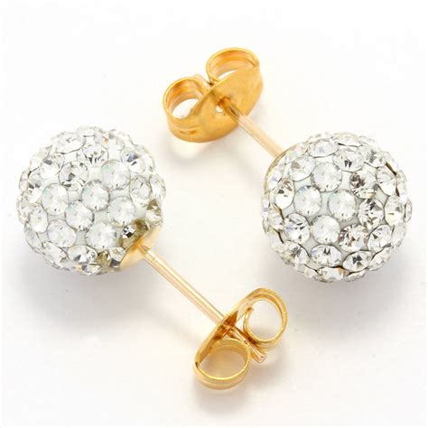 Solid K Yellow Gold Swarovski Crystal Mm Ball Stud Earrings