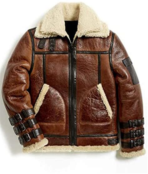 Mens Double Collar Shearling Aviator B3 Leather Jacket Jackets Expert