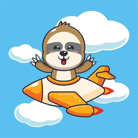 Cute Sloth Mascot Cartoon Character Ride On Plane Jet 7752732 Vector