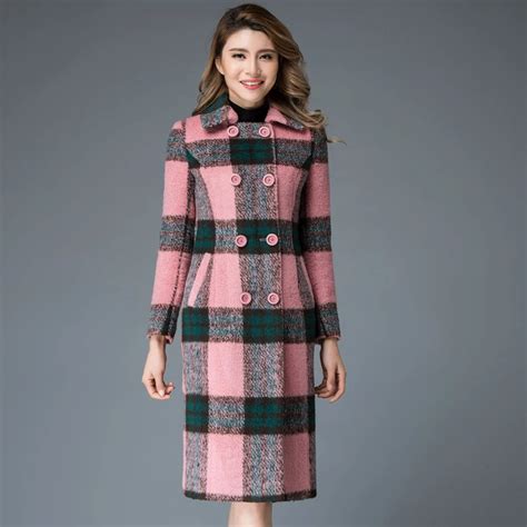 2017 Winter New Wool Blend Outerwear Coats Women Pink Plaid Cashmere Coat Medium Length Thicken