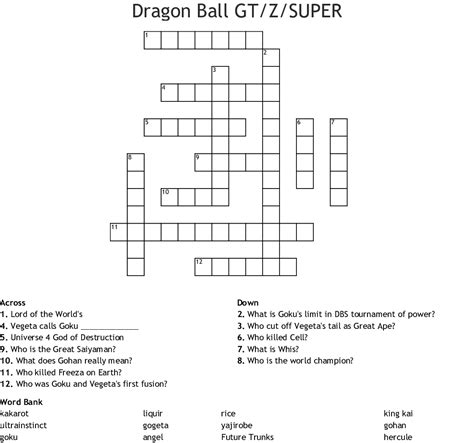This db anime action puzzle game features beautiful 2d illustrated visuals and animations set in a dragon ball world where the timeline has been thrown into chaos, where db characters from the past and present come face to face in new and exciting battles! Dragon Ball Z Crossword - WordMint