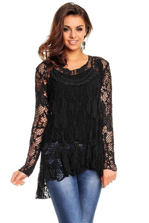 Bluse Damen Schwarz Netz Oberteil Top Tunika Bluse T Shirt Shirt Viskose Spitze Tunika Blusen