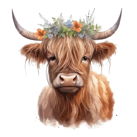 Cute Highland Cow Wearing Flower Crown Watercolor AI Generated