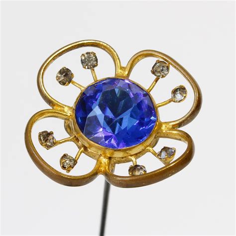Antique Hat Pin Large Flower Faceted Sapphire Glass And Rhinestones