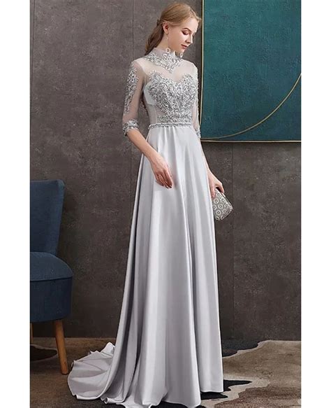 Beaded High Neck Long Grey Satin Formal Dress Elegant With Sheer Half Sleeves Dm69024